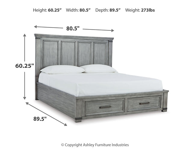 Cama California con almacenaje y tocador con espejo Russelyn