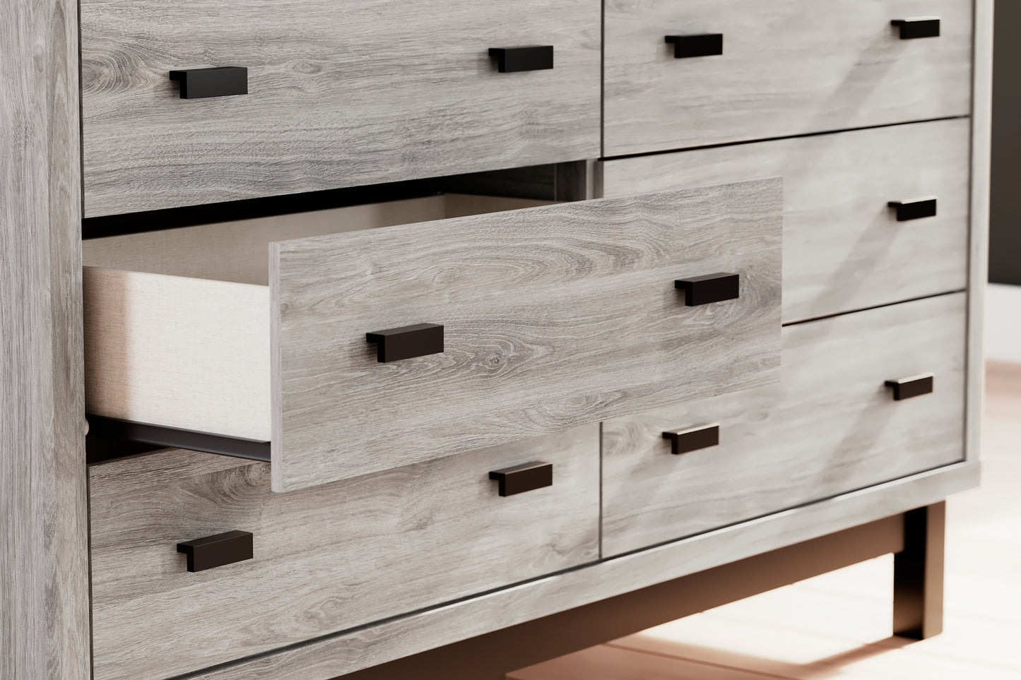Cama Vessalli con paneles, cómoda y espejo