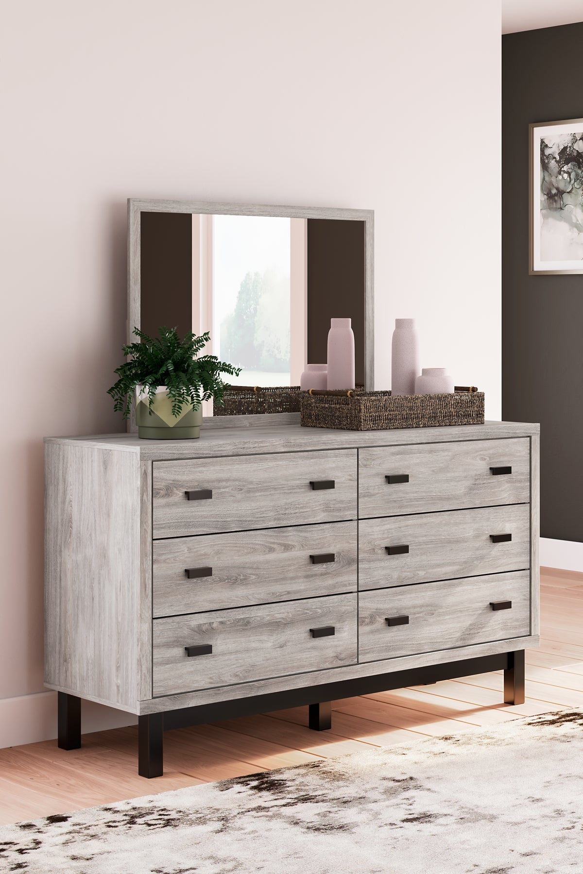 Cama Vessalli con paneles, cómoda y espejo