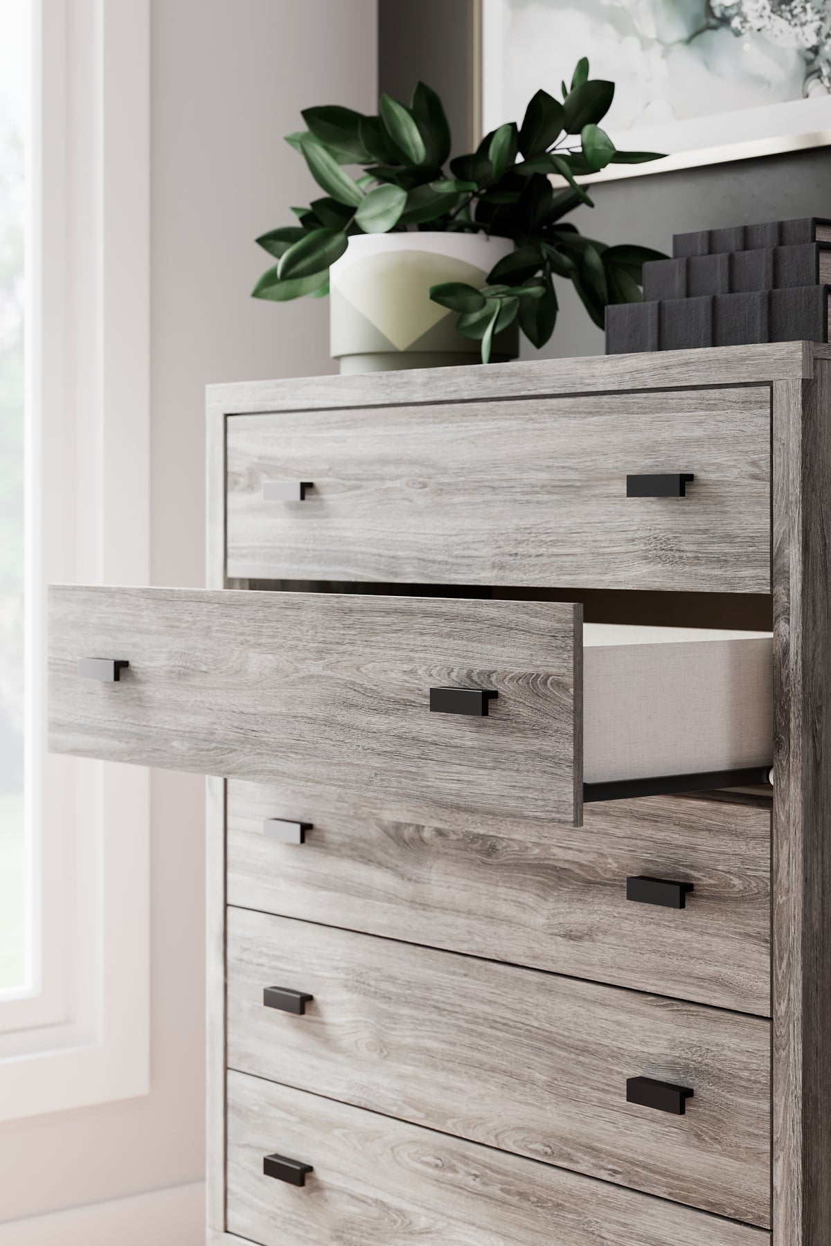 Cama Vessalli con paneles, cómoda y espejo