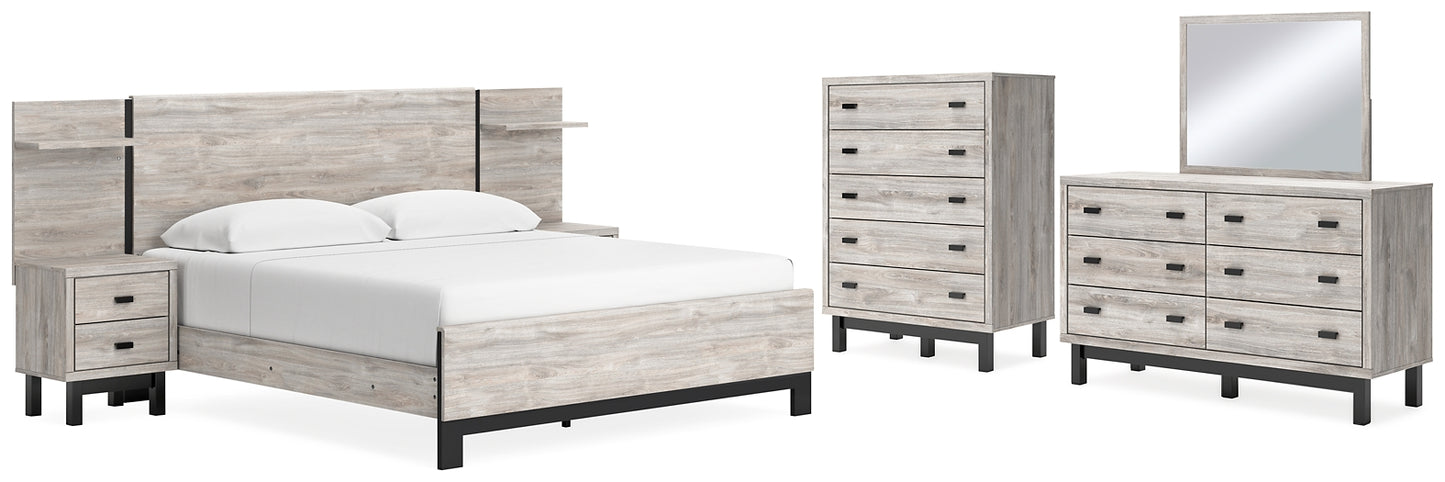 Cama Vessalli con paneles, cómoda y espejo