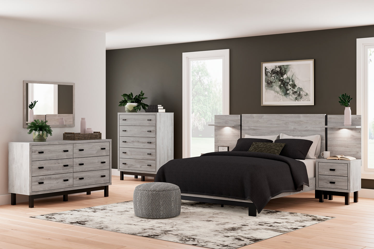 Cama Vessalli con paneles, cómoda y espejo