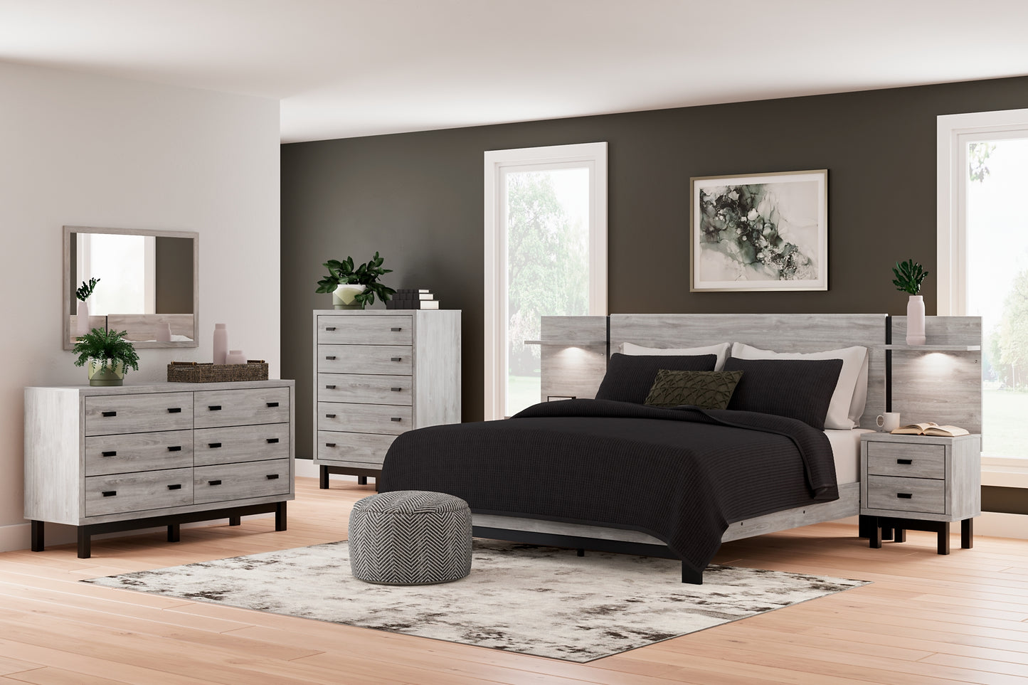 Cama Vessalli con paneles, cómoda y espejo