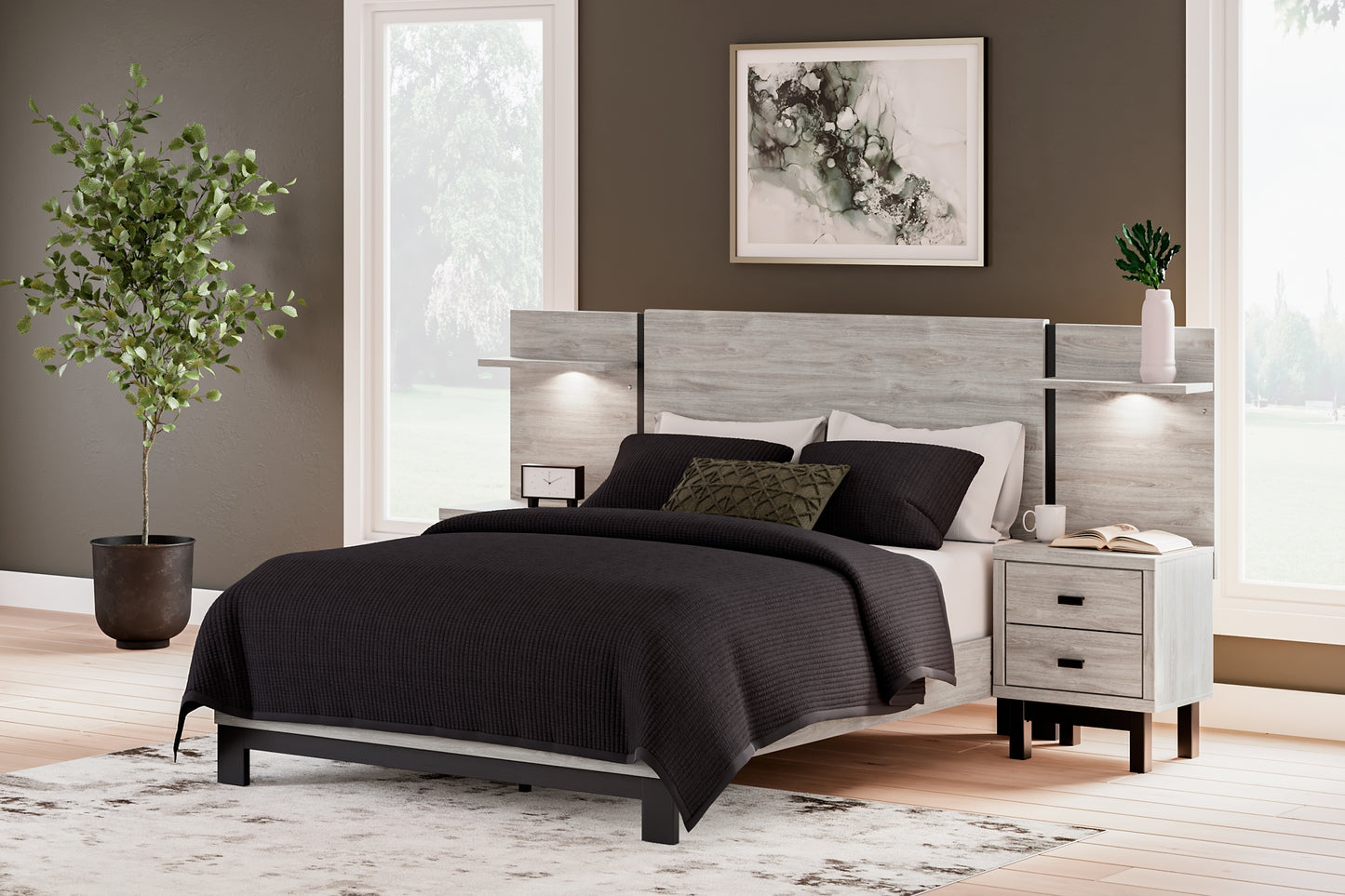 Cama Vessalli con paneles, cómoda y espejo