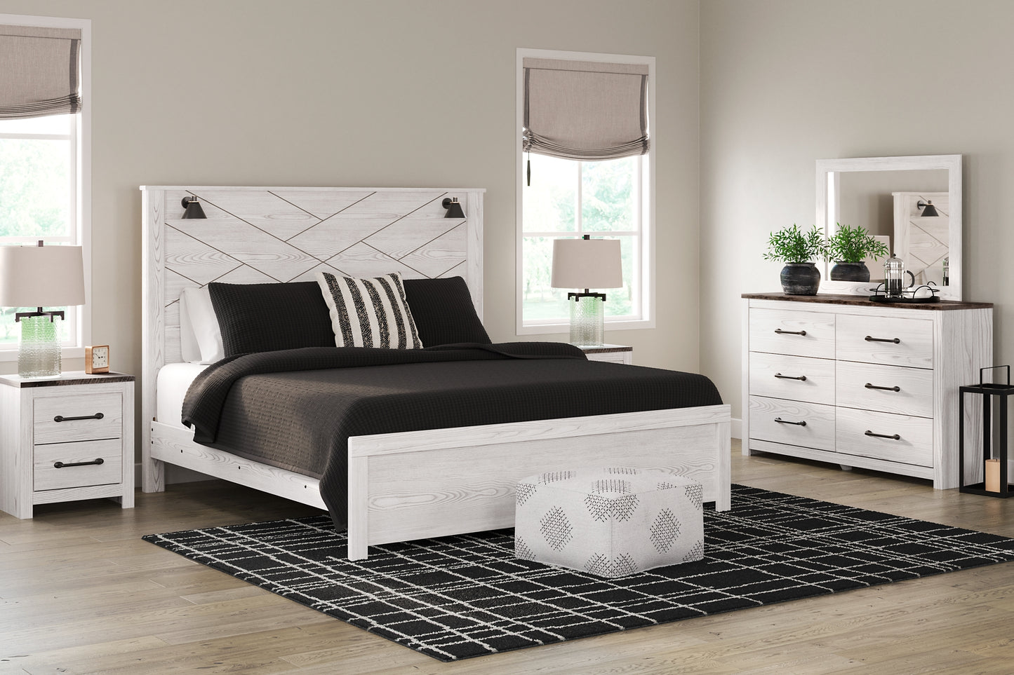 Cama con paneles Gerridan y tocador con espejo