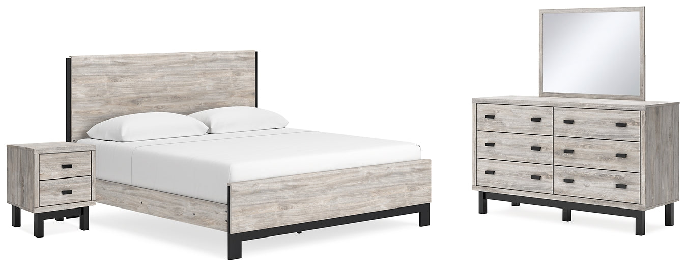Cama Vessalli con paneles, cómoda con espejo y mesita de noche