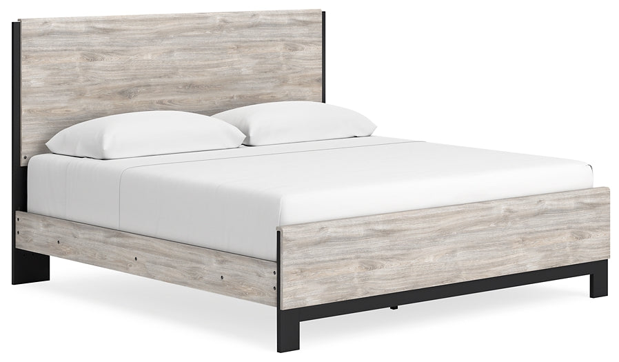 Cama Vessalli con paneles, cómoda con espejo y mesita de noche