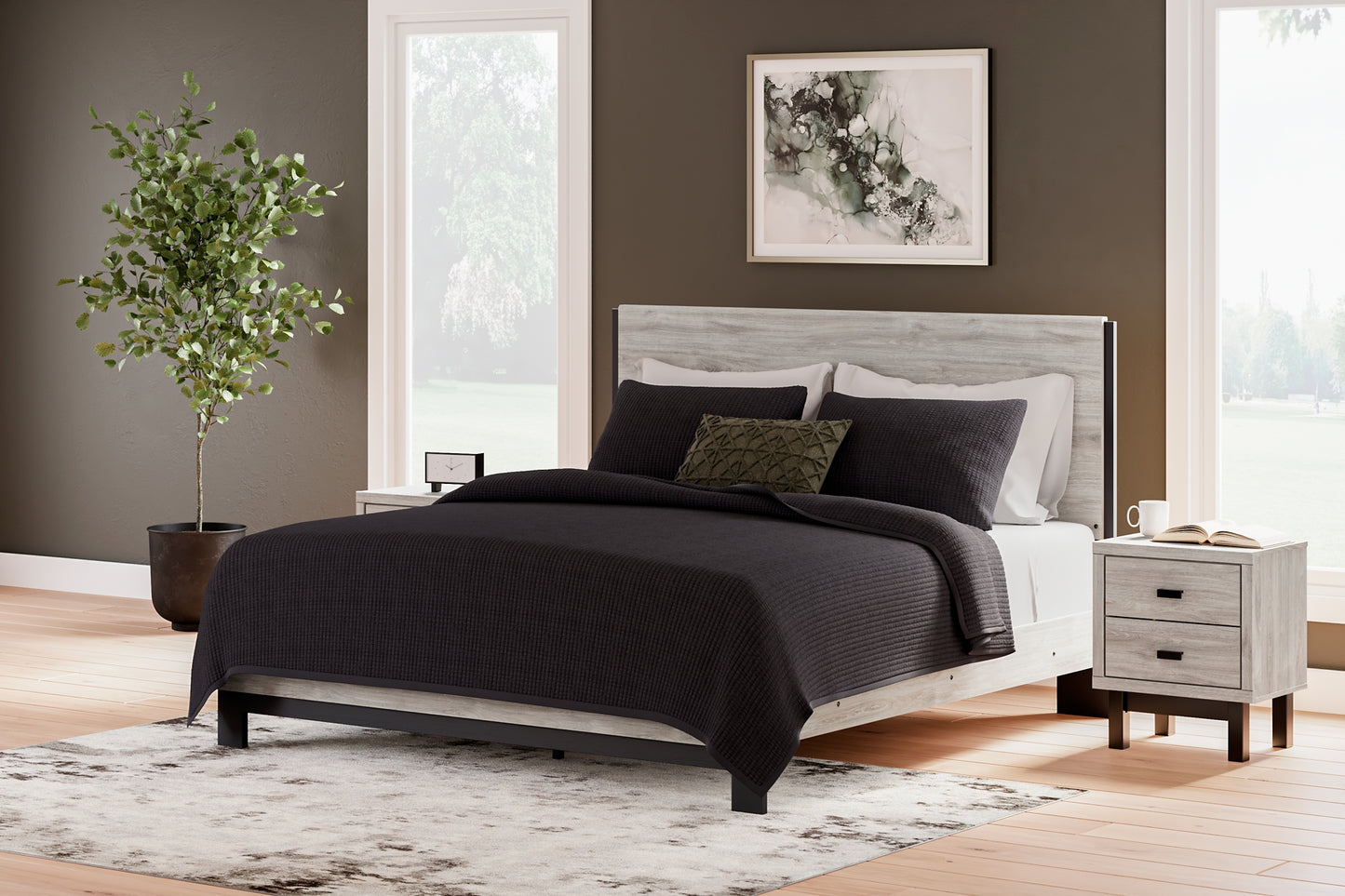 Cama Vessalli con paneles, cómoda con espejo y mesita de noche