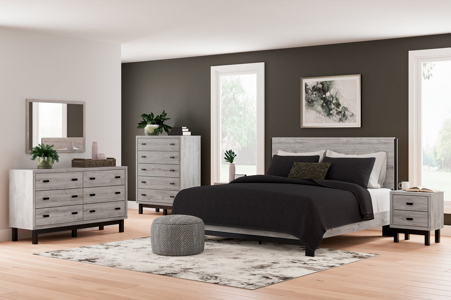 Cama Vessalli con paneles, cómoda con espejo y mesita de noche