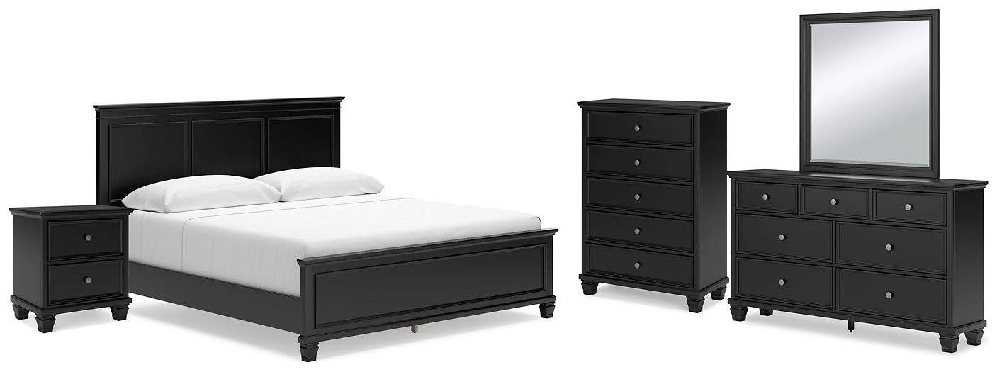 Cama Lanolee con paneles, cómoda con espejo y mesita de noche