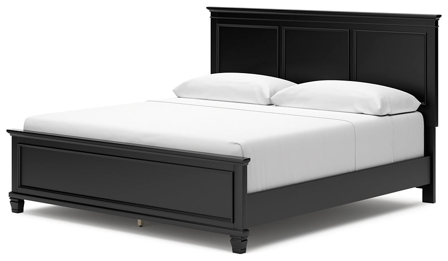 Cama Lanolee con paneles, cómoda con espejo y mesita de noche