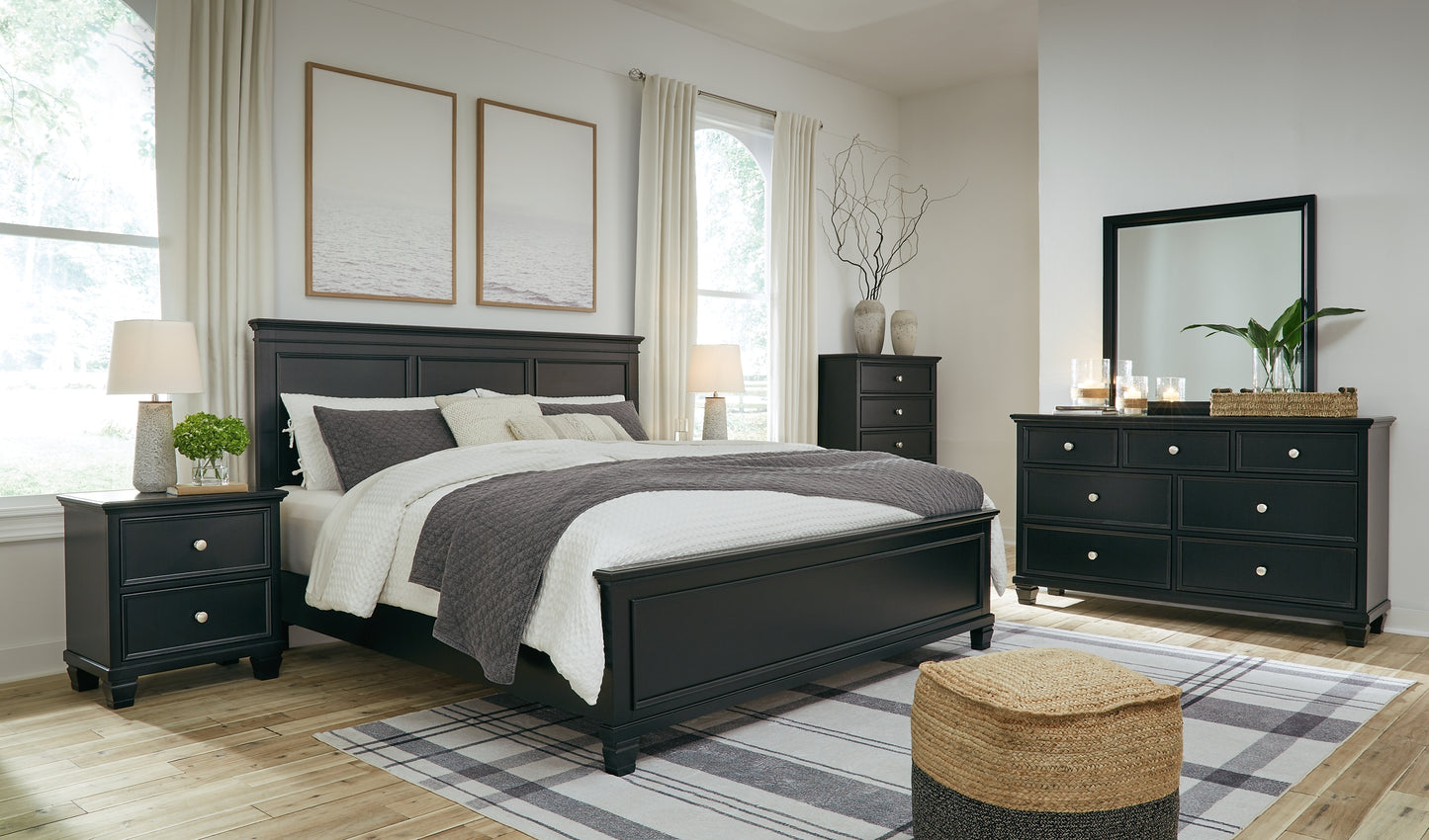 Cama Lanolee con paneles, cómoda con espejo y mesita de noche