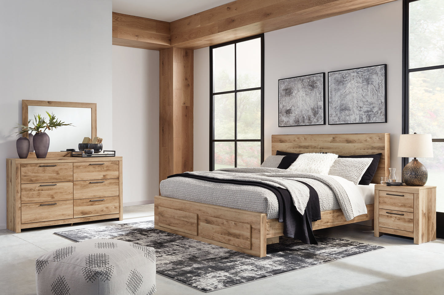 Cama Hyanna con almacenamiento, tocador con espejo y mesita de noche