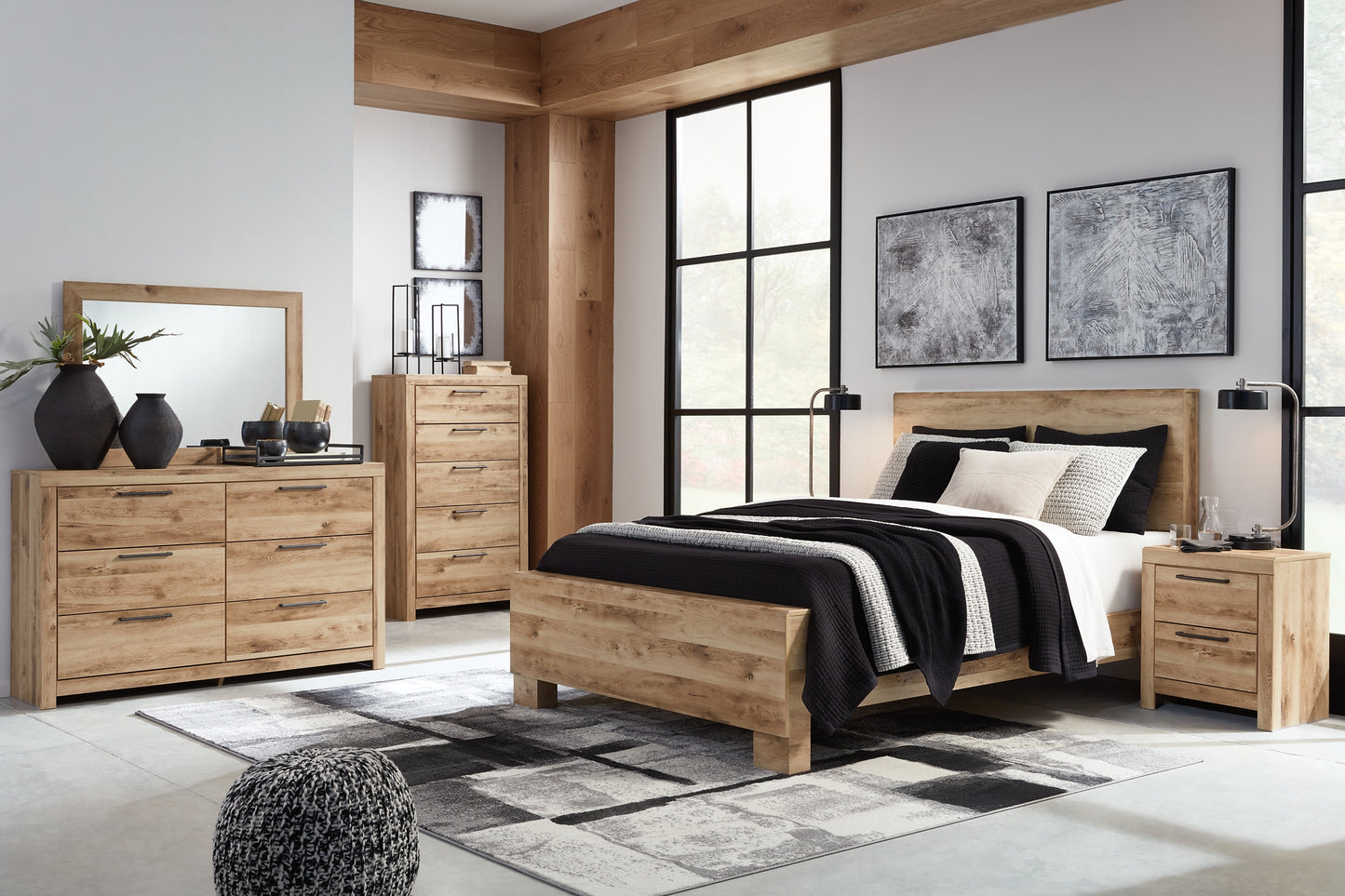 Cama Hyanna con paneles, cómoda y espejo