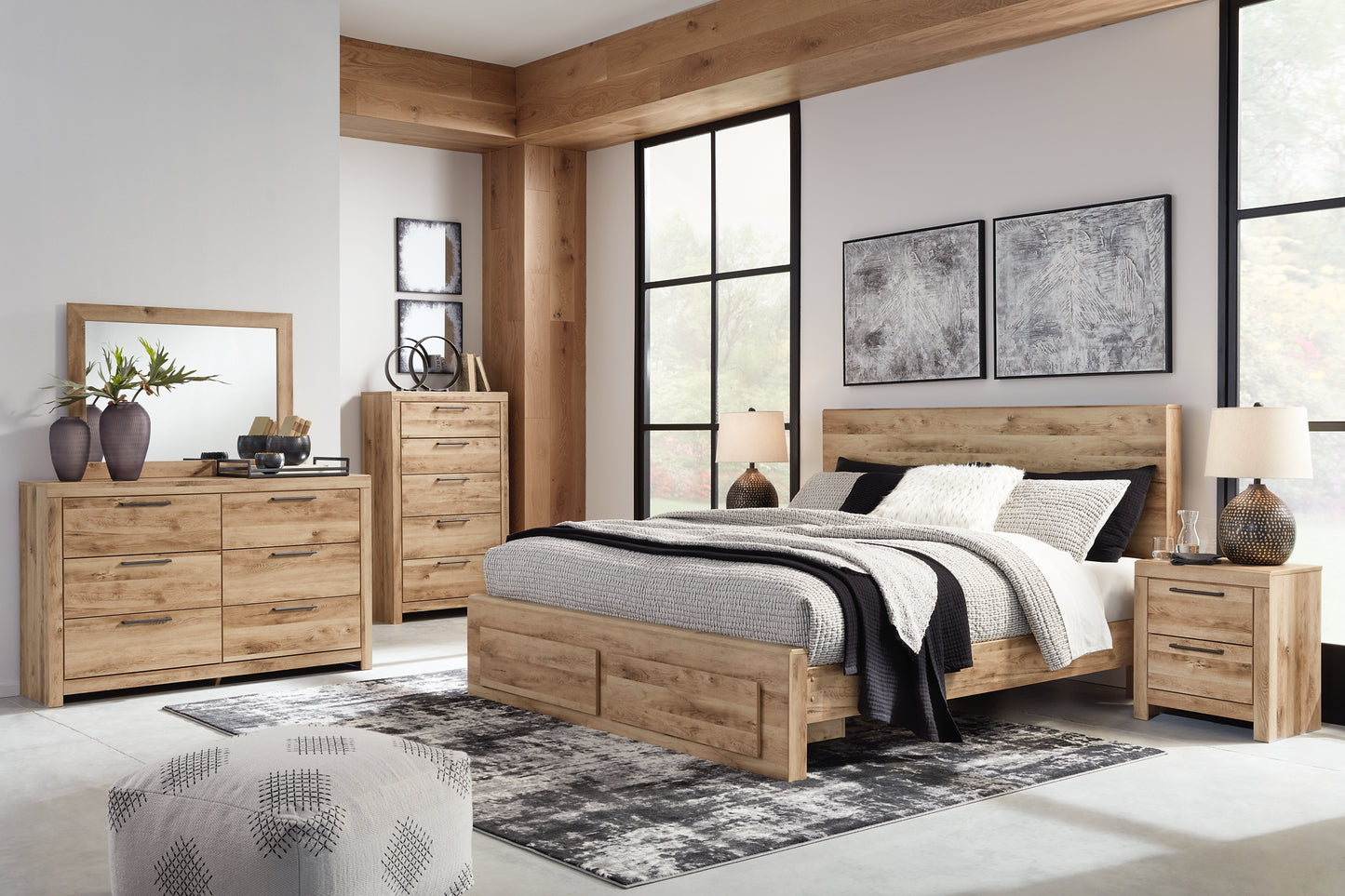 Cama Hyanna con almacenamiento, tocador con espejo y cómoda
