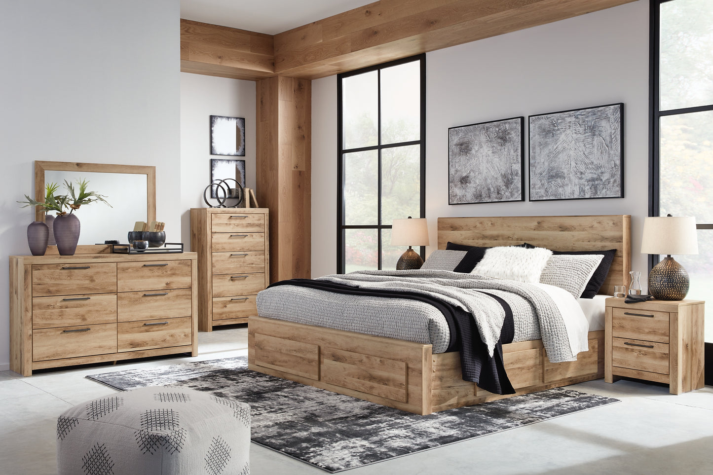 Cama Hyanna con almacenamiento, tocador con espejo y mesita de noche
