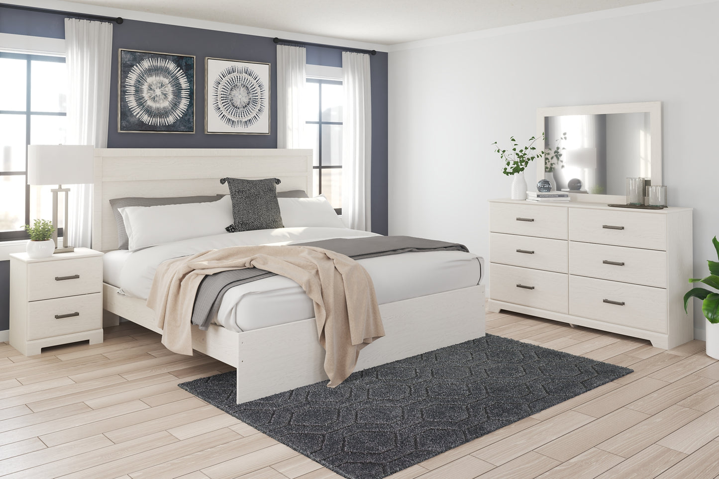 Cama Stelsie con paneles, cómoda con espejo y mesita de noche