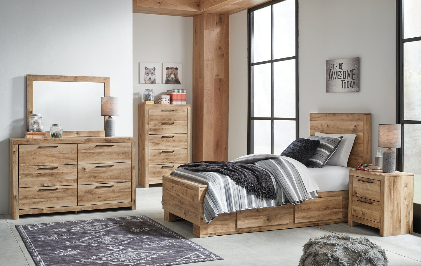 Cama Hyanna con paneles y espacio de almacenamiento, con tocador con espejo, cómoda y mesita de noche