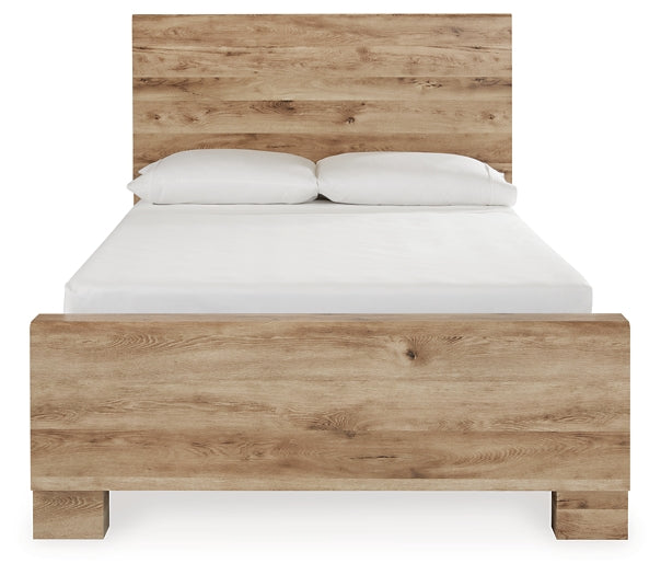 Cama Hyanna con paneles y espacio de almacenamiento, con tocador con espejo, cómoda y dos mesitas de noche