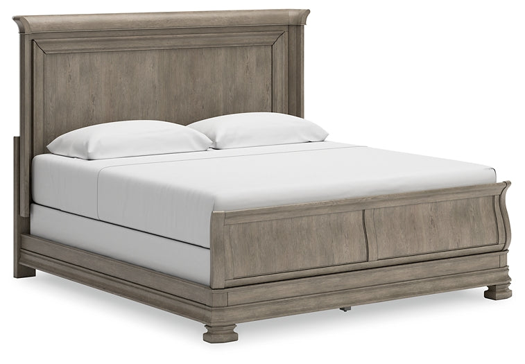 Cama tipo trineo Lexorne con tocador con espejo, cómoda y mesita de noche