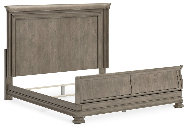 Cama tipo trineo Lexorne con tocador con espejo, cómoda y mesita de noche