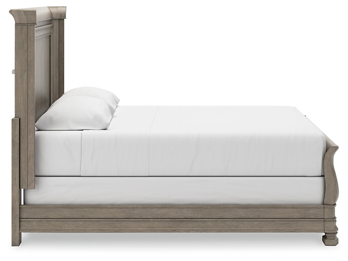 Cama tipo trineo Lexorne con tocador con espejo, cómoda y mesita de noche