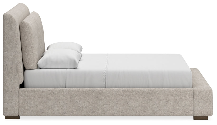 Cama tapizada Cabalynn con cómoda y espejo