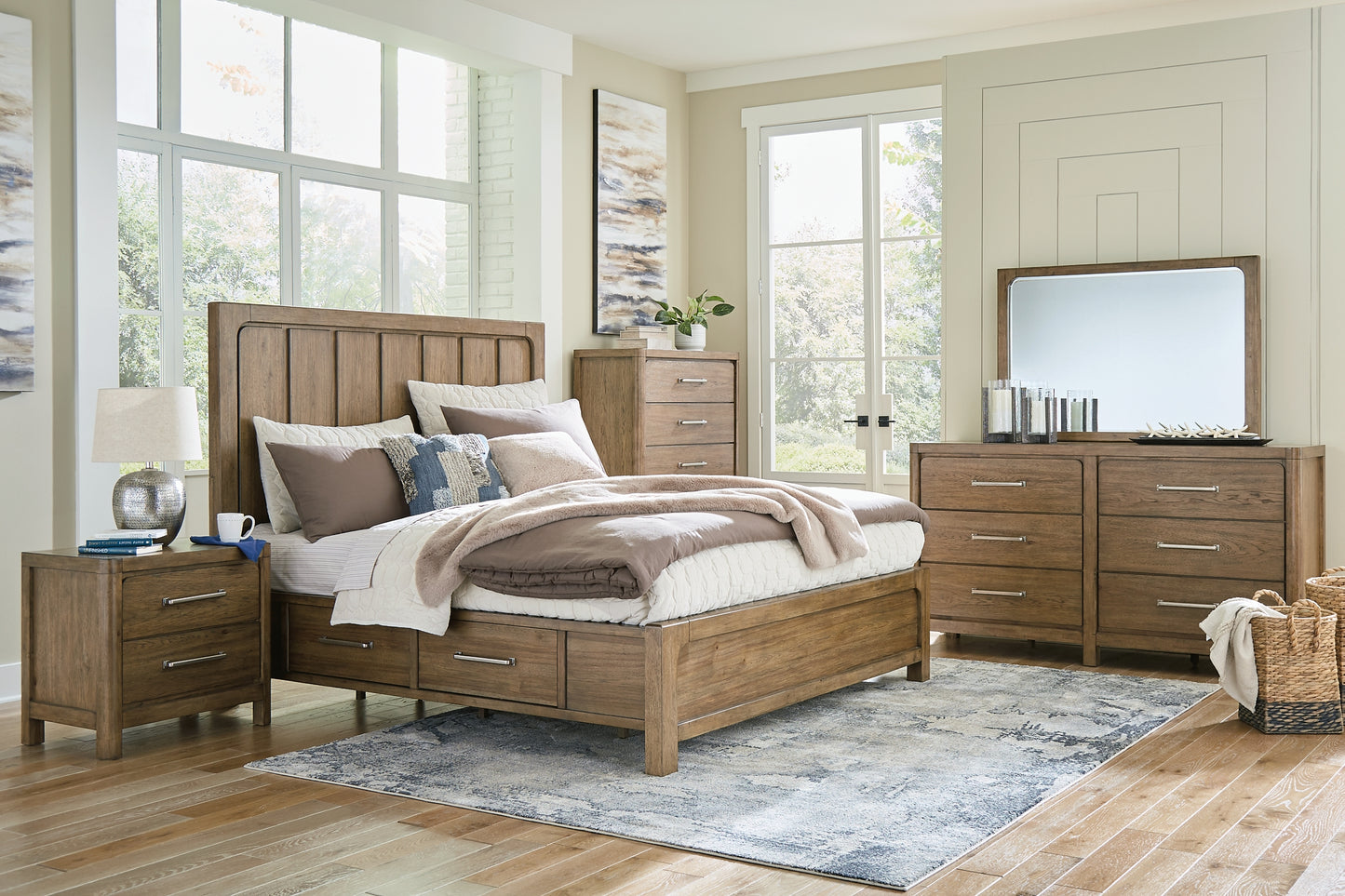 Cama Cabalynn con paneles y espacio de almacenamiento, con tocador con espejo, cómoda y mesita de noche