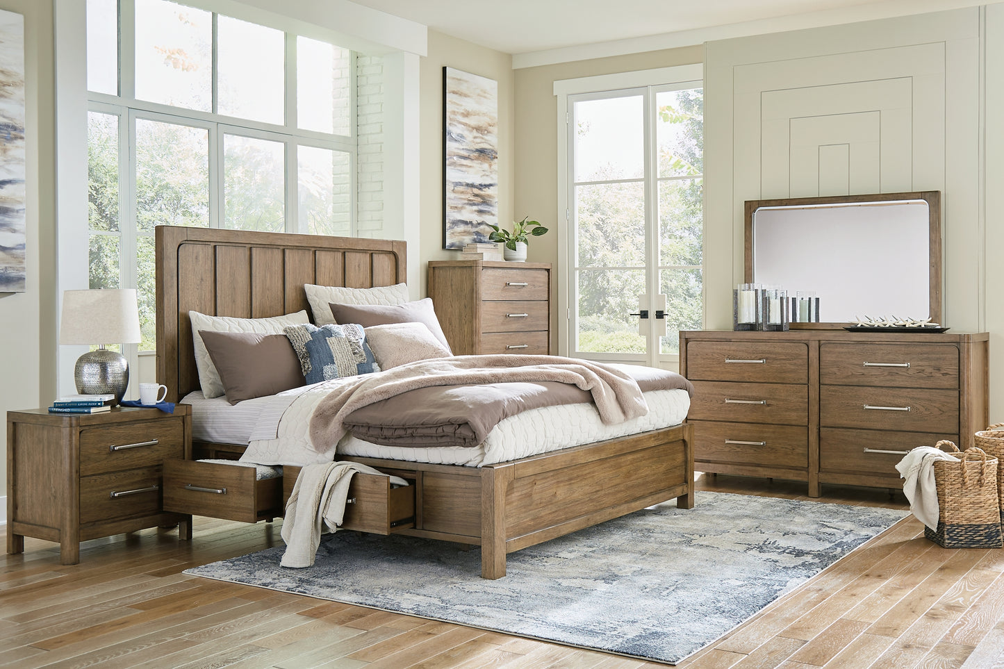 Cama Cabalynn con paneles y espacio de almacenamiento, con tocador con espejo, cómoda y mesita de noche