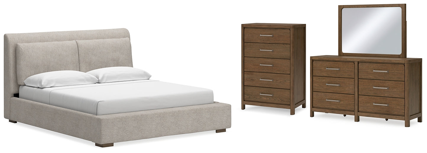 Cama tapizada Cabalynn con cómoda y espejo
