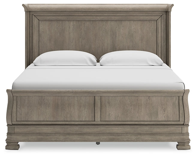 Cama estilo trineo California de Lexorne con tocador con espejo, cómoda y mesita de noche