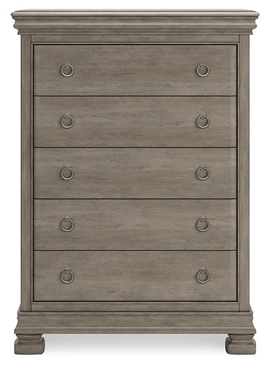 Cama estilo trineo California de Lexorne con tocador con espejo, cómoda y mesita de noche