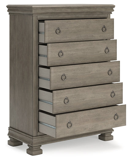 Cama estilo trineo California de Lexorne con tocador con espejo, cómoda y mesita de noche