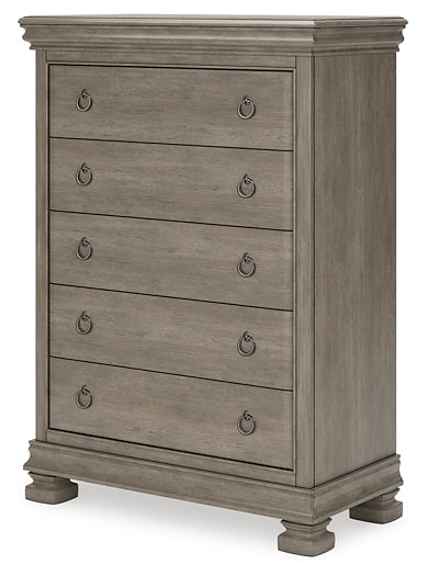 Cama estilo trineo California de Lexorne con tocador con espejo, cómoda y mesita de noche
