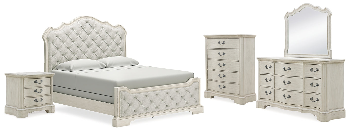 Cama tapizada California Arlendyne con cómoda con espejo, cómoda y mesita de noche