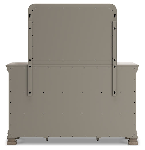 Cama estilo trineo California de Lexorne con tocador y cómoda con espejo