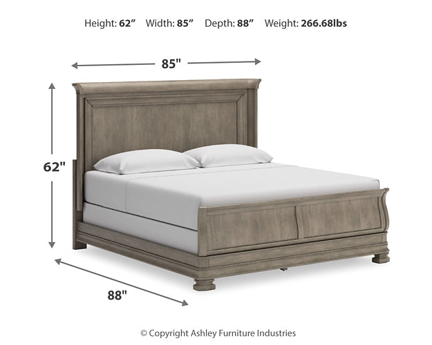 Cama estilo trineo California de Lexorne con tocador y cómoda con espejo