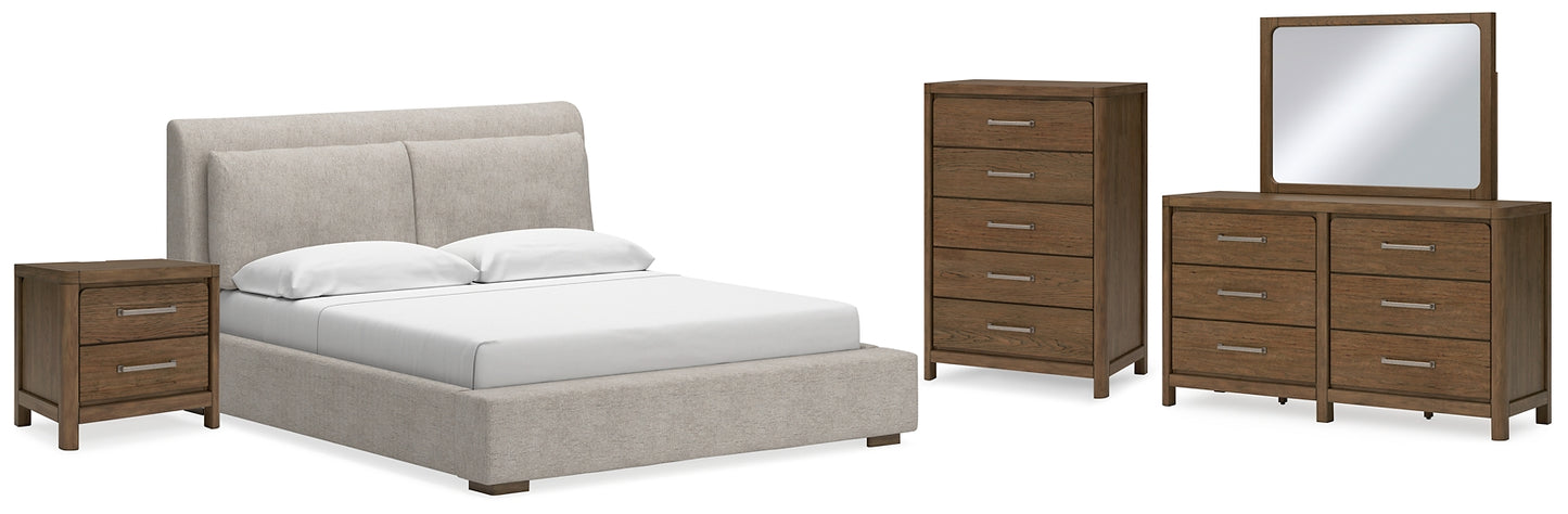 Cama tapizada Cabalynn con cómoda con espejo, cómoda y mesita de noche