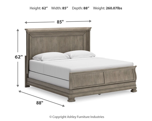 Cama tipo trineo Lexorne con cómoda y arcón con espejo
