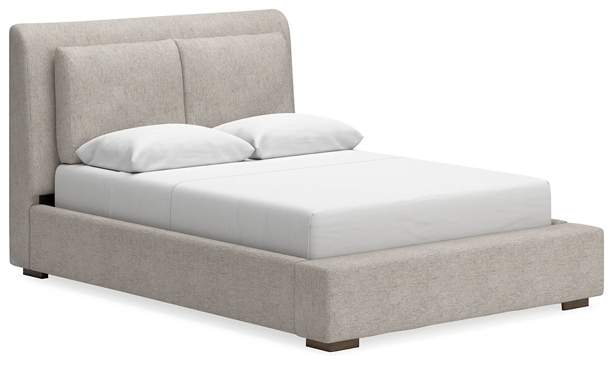 Cama tapizada Cabalynn con tocador con espejo y mesita de noche