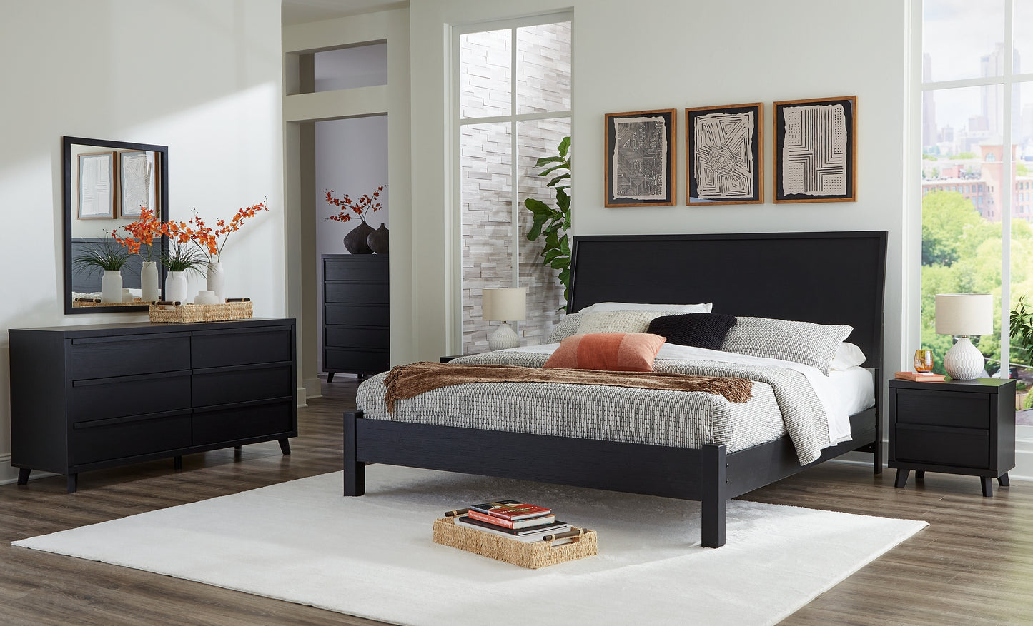 Cama con paneles Danziar, cómoda con espejo y mesita de noche