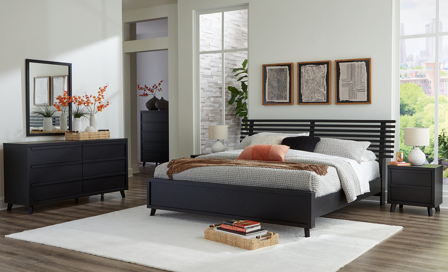 Cama con paneles Danziar, cómoda con espejo y mesita de noche