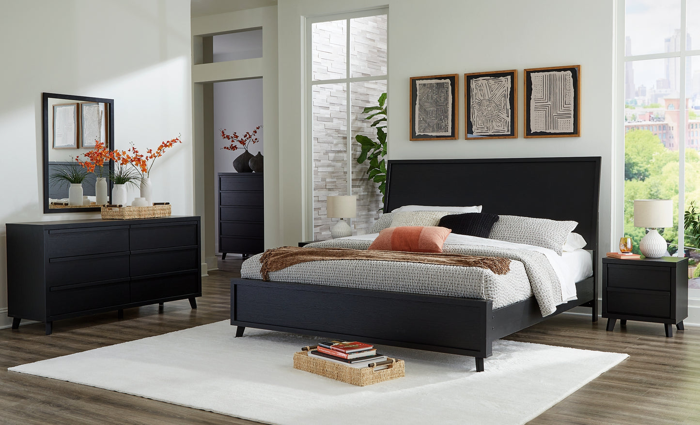 Cama con paneles Danziar, cómoda y cómoda con espejo