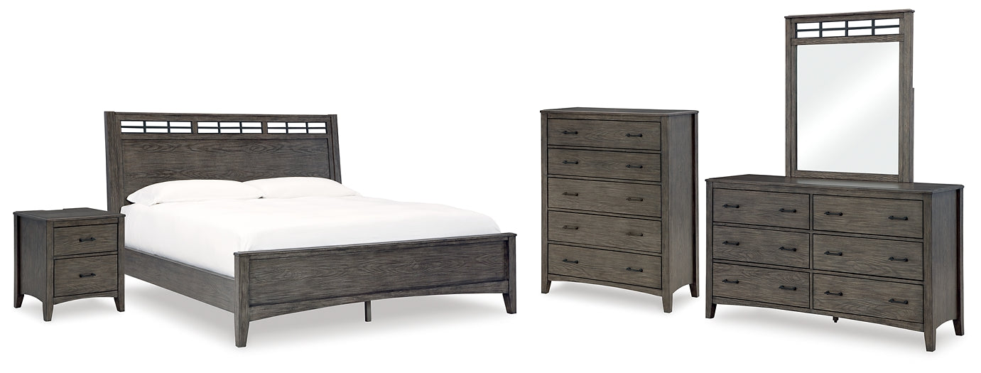 Cama California Montillan con paneles, cómoda con espejo y mesita de noche