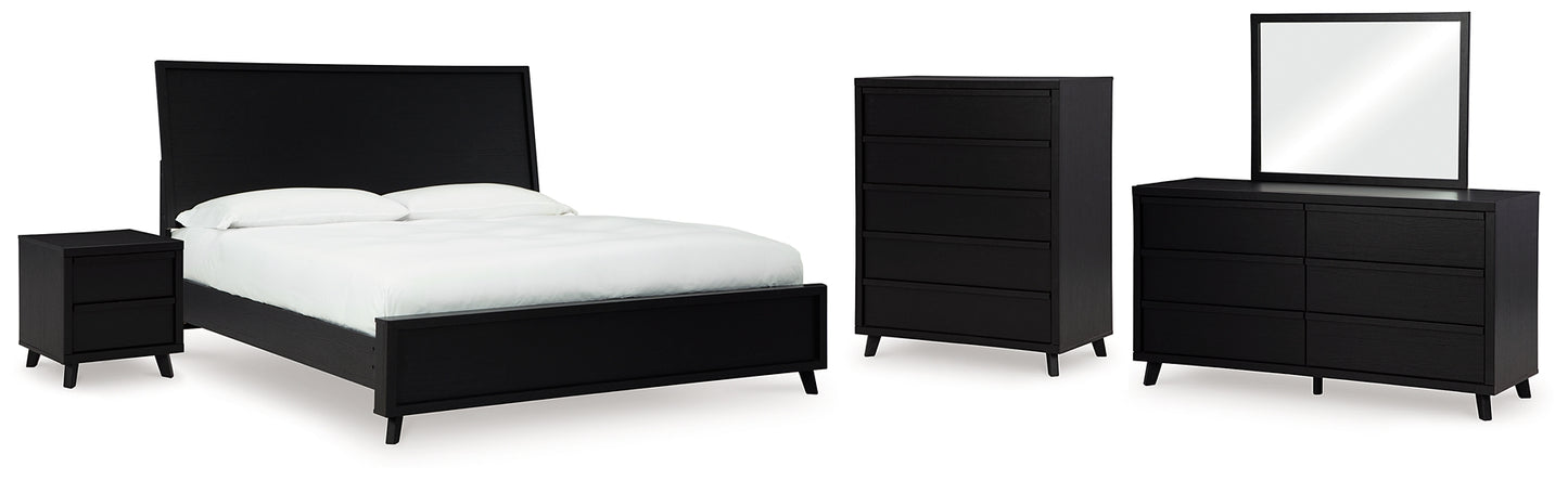 Cama con paneles Danziar, cómoda con espejo y mesita de noche