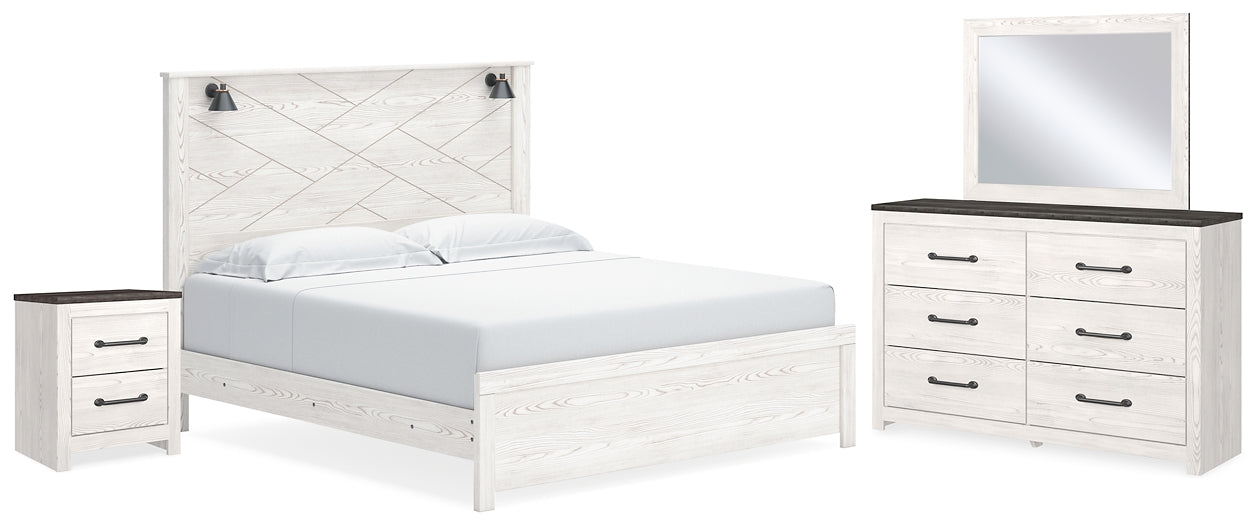 Cama Gerridan con paneles, cómoda con espejo y mesita de noche