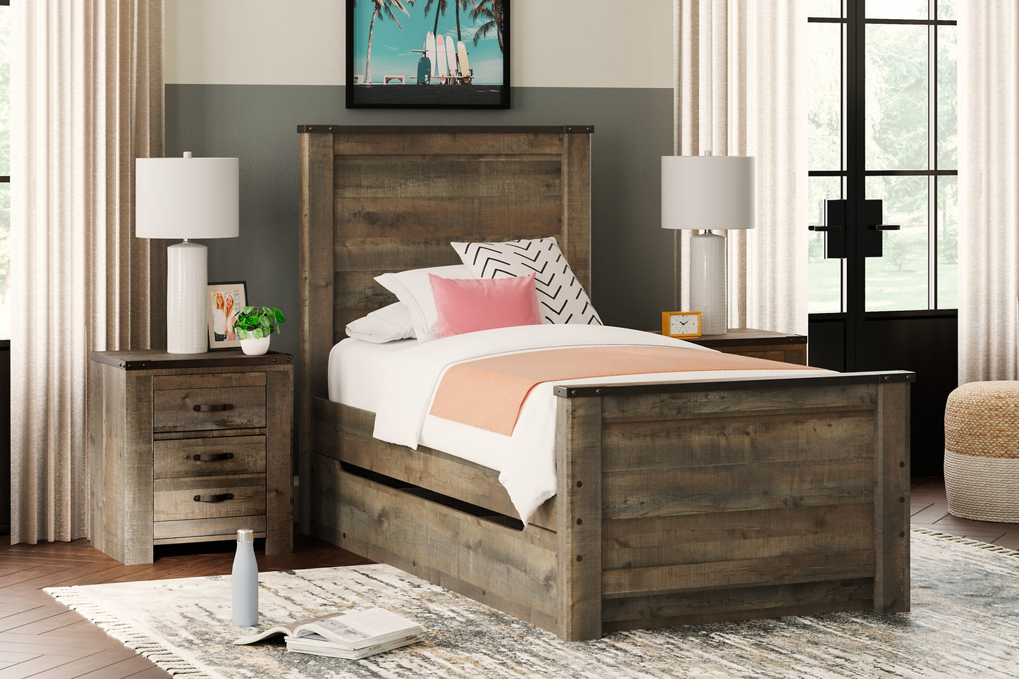 Cama Trinell con paneles y un cajón grande de almacenamiento