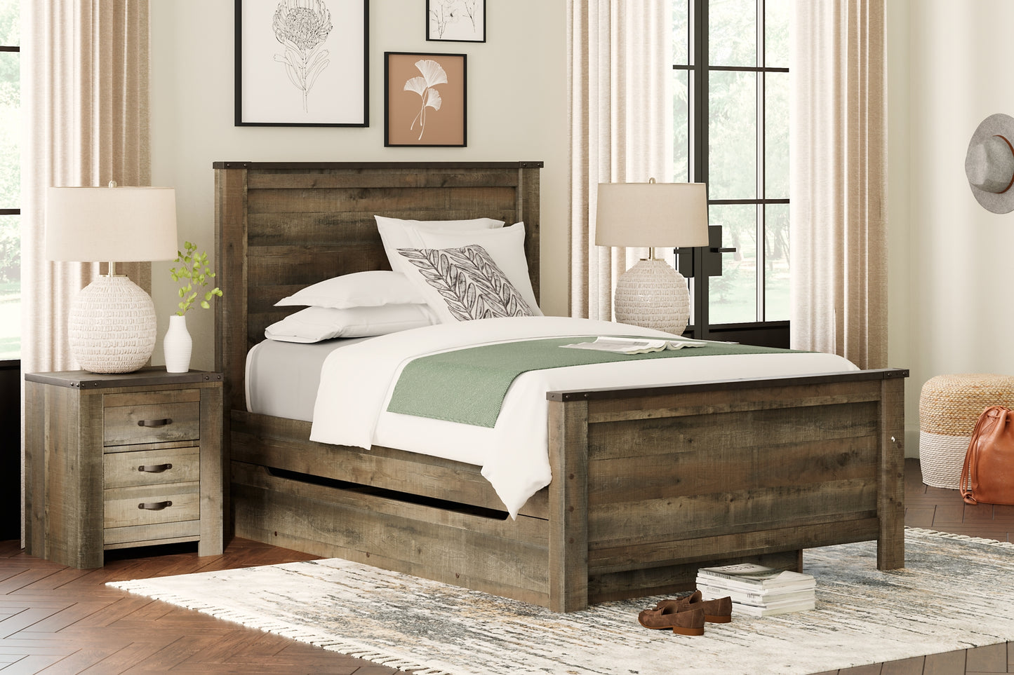 Cama Trinell con paneles y un cajón grande de almacenamiento