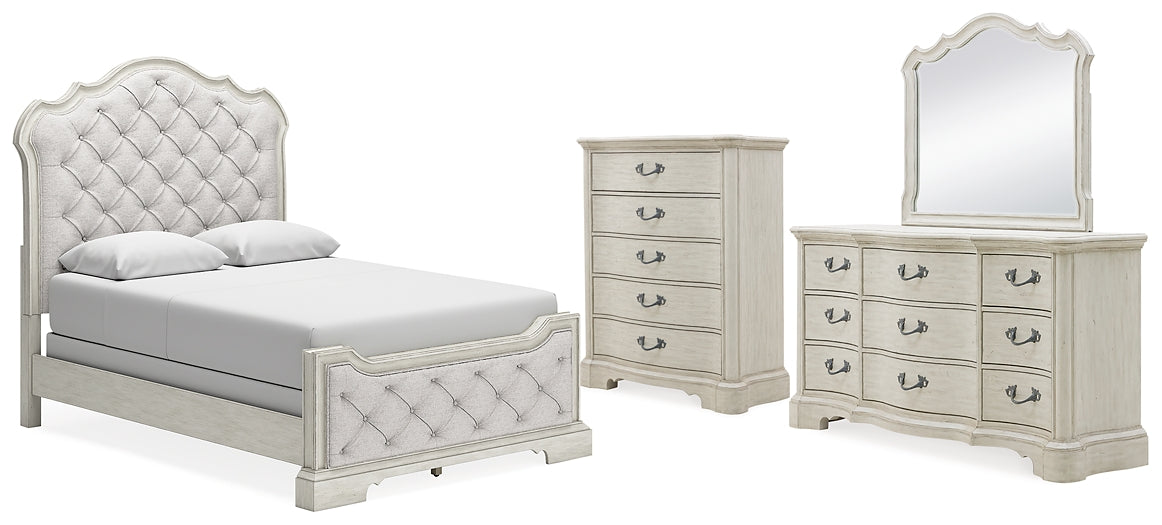 Cama tapizada Arlendyne con cómoda y espejo