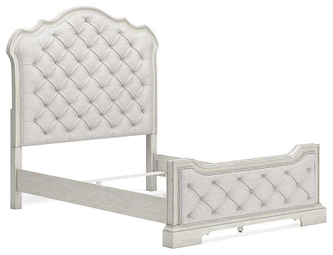 Cama tapizada Arlendyne con cómoda y espejo